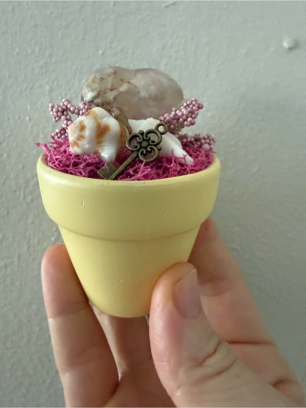 Handcrafted Yellow Mini Pot with Pink Moss and Shell Accents